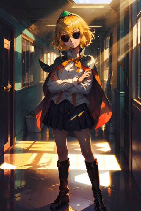 masterpiece,best quality,1girl,teenage,(solo),little princess,blonde hair,crown,cape,boots,school uniform,(sunglasses),standing,crossed arms,smirk,school hallway,sunlight,<lora:Little_Princess:1>,