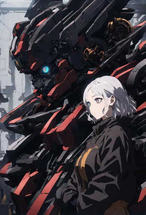 anime anime character standing in front of a giant robot