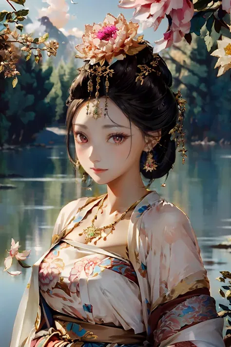 a woman in a kimono dress standing next to a lake