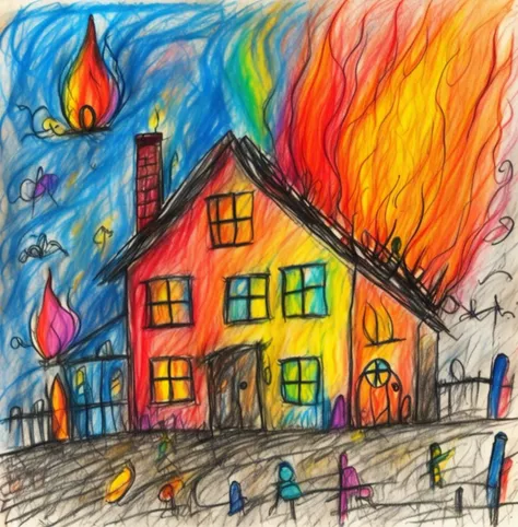 a drawing of a house with a fire coming out of it