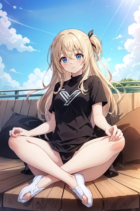 (masterpiece, best quality),  intricate details,
1girl,  <lora:onna_shinkan-10:0.8> onna_shinkan, long hair, very long hair,  hair between eyes,  
 <lora:TwitterXShirt:0.8> IncrsX, shirt, black shirt, 
sitting, indian style,