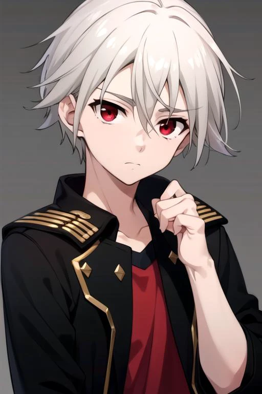 masterpiece, best quality, wallpaper, 1boy, solo, male focus, looking at viewer, upper body, , , , <lora:yoshio_kobayashi:0.72>, yoshio_kobayashi, grey hair, red eyes, cop costume, world war 1, 16k resolution