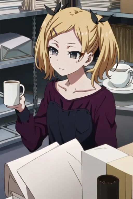 best quality, masterpiece, highres, solo, {yano_erika_shirobako:1.15}, blonde_hair, twintails, hair_ornament, hairclip, ribbon, mole, mole_under_eye, hair_ribbon, short_twintails, short_hair, grey_eyes, 1girl, closed_eyes, cup, mug