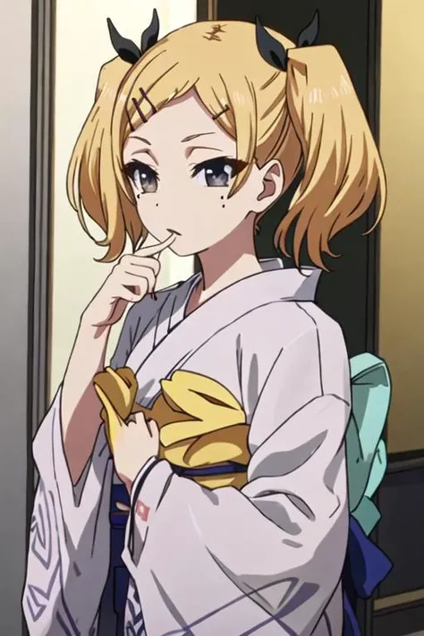 best quality, masterpiece, highres, solo, {yukata:1.40}, {kimono:1.20}, {yano_erika_shirobako:1.15}, blonde_hair, twintails, hair_ornament, hairclip, ribbon, mole, mole_under_eye, hair_ribbon, short_twintails, short_hair, grey_eyes