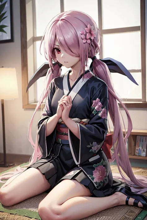 masterpiece, best quality, absurdres, perfect anatomy, 1girl, solo, minamisawa senri, indoors, kimono, hair flower, floral print, wariza, sitting, hands on own knees, <lyco:minamisawaSenri-000020:1.0>