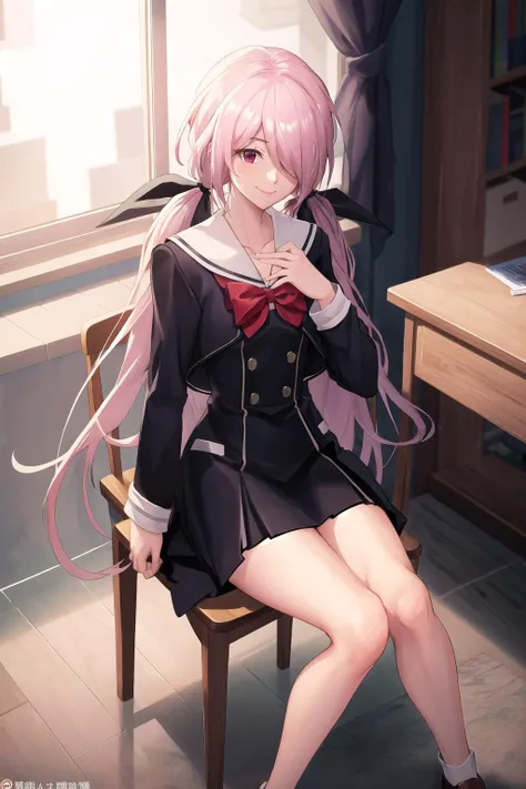 absurdres, best quality, masterpiece, 1girl,  <lyco:minamisawaSenri-000020:1>, minamisawa senri, school uniform, black dress, indoor, sitting, smile, emblem, chair