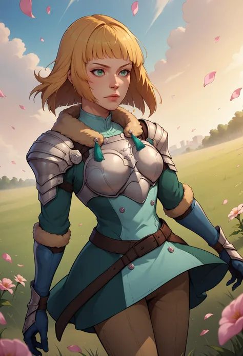 score_9, score_8_up, score_7_up, score_6_up, BREAK outdoors,field,wind,flower petals,sunset,cinematic angle,hopesingrid, medium hair, bob cut, bangs, shoulder armor, breastplate, green coat, fur trim, gauntlets, blue gloves, belt, green skirt, brown pants ...