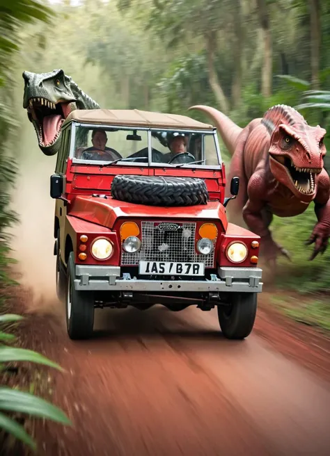 dinosaur chasing a red lghtwght land rover with a scared driver, high speed chase in the jungle, cinematic, dramatic light, in motion, motion blur,
 <lora:Lightweight_Land_Rover_SDXL:0.7>