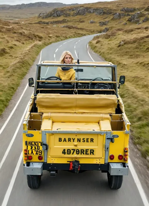 a blonde woman driving a yellow lghtwght land rover with the top down, outside, lights, highly detailed, cinematic,
 <lora:Lightweight_Land_Rover_SDXL:0.7>