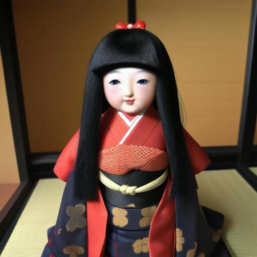 a close up of a doll with long black hair and a red robe