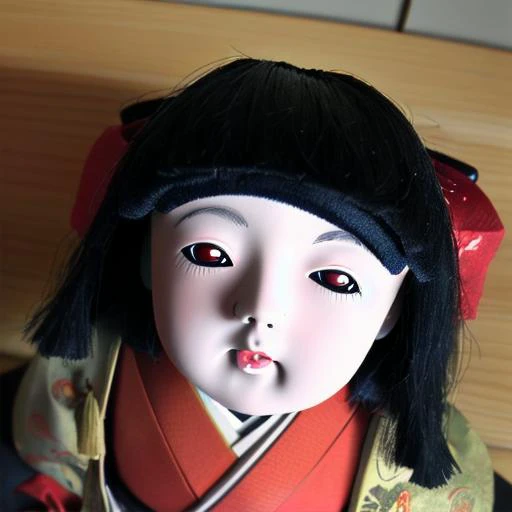 a close up of a doll with a red hair and a black wig