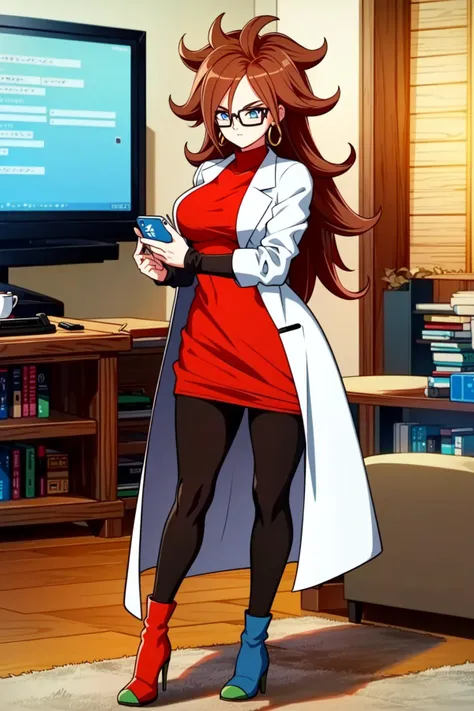 <lora:OGT_Android21_Vomi-v2:0.7> Android 21, 1girl, solo, android 21, long hair, jewelry, earrings, pantyhose, glasses, hoop earrings, dress, brown hair, sitting, breasts, nintendo switch, labcoat, asymmetrical footwear, crossed legs, mismatched footwear, ...