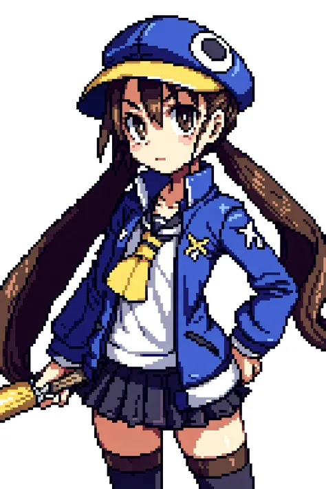 thick outlines, comics, photorealistic, perfect hands, masterpiece:1.2, castle, halloween, 1girl, solo, baseball bat, standing, <lora:Fuka:0.7>, Fuka, brown hair with twintails, brown eyes, blue headwear ,open jacket,yellow front-tie top, blue thighhighs, ...