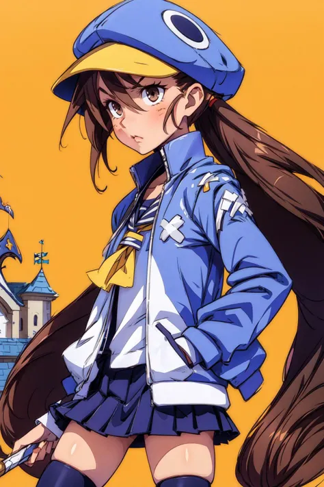 thick outlines, comics, photorealistic, perfect hands, masterpiece:1.2, castle, halloween, 1girl, solo, baseball bat, standing, <lora:Fuka:0.8>, Fuka, brown hair with twintails, brown eyes, blue headwear ,open jacket,yellow front-tie top, blue thighhighs, ...