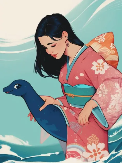 a woman in a kimono dress holding a blue bird in the water