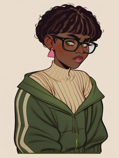 a drawing of a woman with glasses and a green jacket