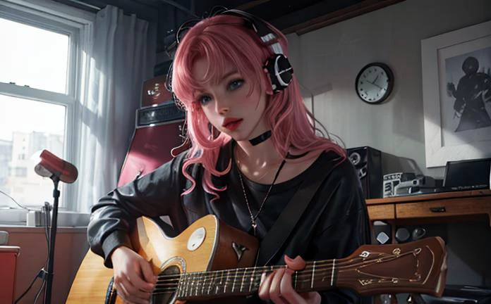 ((masterpiece,best quality))1girl, solo, black skirt, blue eyes, electric guitar, guitar, headphones, holding, holding plectrum, instrument, long hair, , music, one side up, pink hair, playing guiter, pleated skirt, black shirt, indoorsï¼(Unreal Engine Re...