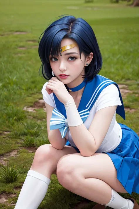 arafed woman in a sailor suit crouching down on the ground