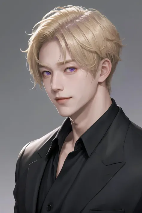 <lora:chinesemale:0.6>, masterpiece, best quality, semi-realistic, 
 1boy, 14 years old boy, blonde hair, short hair, slicked back hair, hair over one eye, purple  eyes, smirking, looking at the viewer, profile shot, handsome face, upper body, wearing a bl...