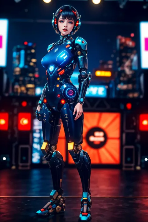 highres,absurdres,masterpiece,best quality,original,extremely detailed CG,extremely detailed wallpaper,perfect lighting,(standing on the stage),blurry background,looking at viewer,
<lora:cyb0rg:0.7>,cyb0rg,neon,bodysuit,cyborg,cyberpunk,