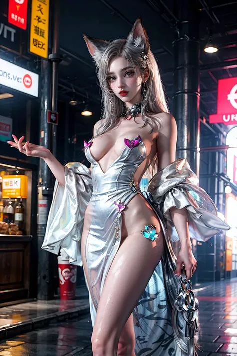 ulzzang-6500, (8k, RAW photo:1.2), ((puffy eyes)), best quality, ultra high res, (photorealistic:1.3), POV ,(solo:1.1), (1girl:1.1),(sliver cosplay fox ear:1.3), (sliver cosplay fox tail:1.3), (naked:1.3), big boobs, (small nipple:0.8), (noble:1.3), (pale ...