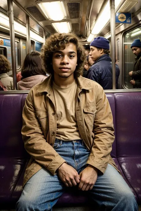 arafed man sitting on a subway train with his hands on his knees