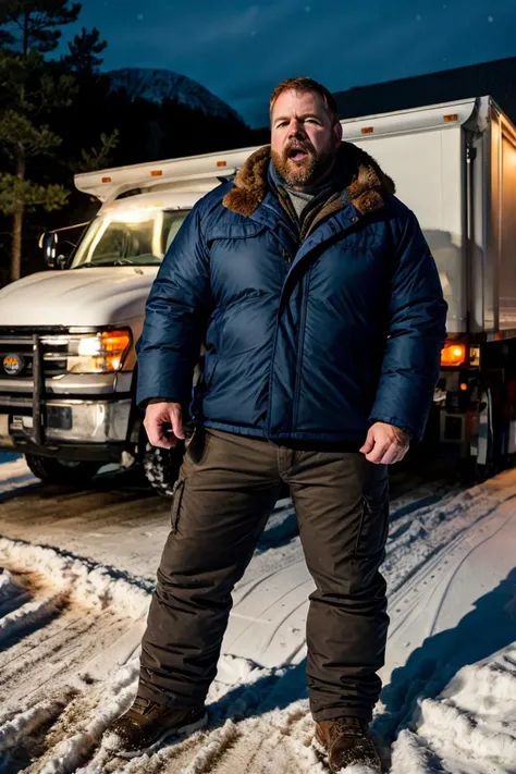 NSFW candid photograph, dg_Tuck 40yo 1man, homoerotic, detailed realistic face,  winter, snowplow, angry, thermos, coat, pants, snowing, early morning before dawn, 
<lora:dg_Tuck_v1:0.8>