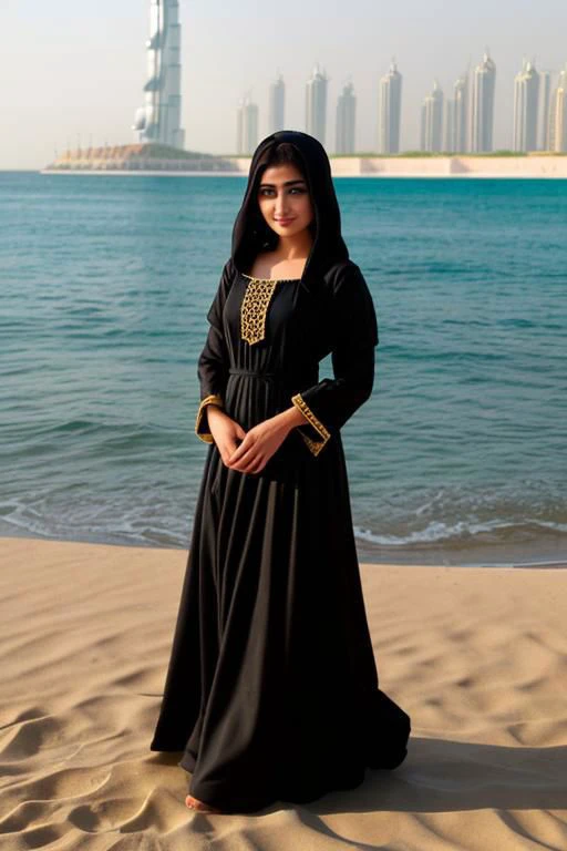 arafed woman in black dress standing on beach with city in background