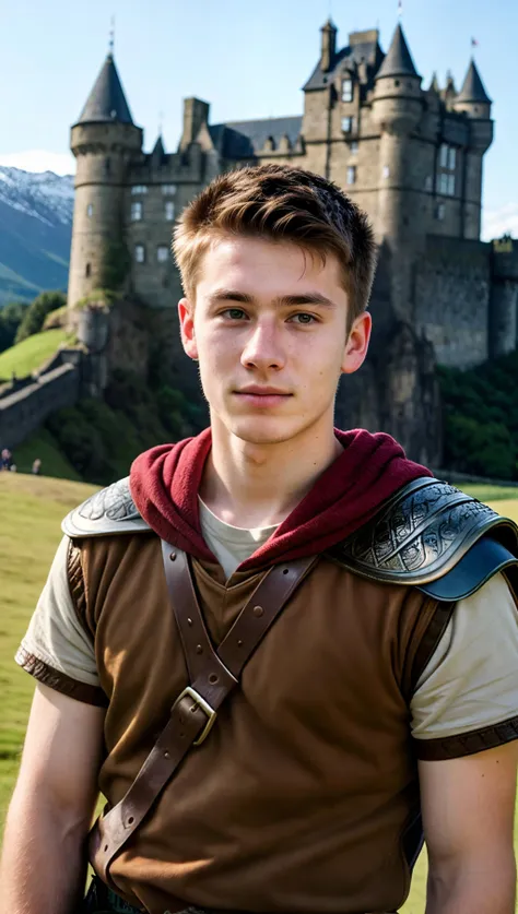 arafed man in medieval costume standing in front of a castle