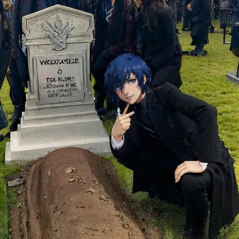 arafaced man in black suit kneeling next to a grave with blue hair