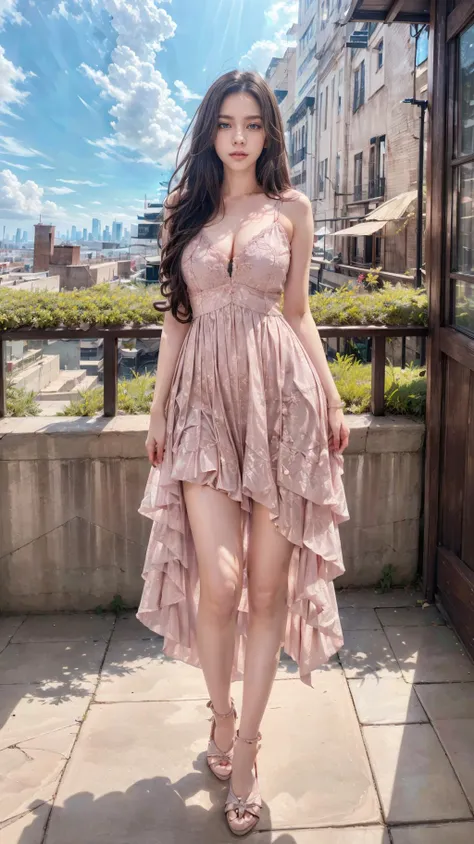 a woman in a pink dress standing on a balcony