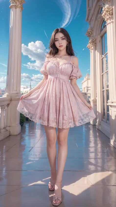 a woman in a pink dress standing on a balcony