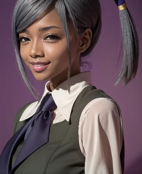 <lora:villetta:1>,1girl, solo, breasts,  yellow_eyes, grey_hair,  dark_skin, dark-skinned_female, highschool uniform, school, smiling