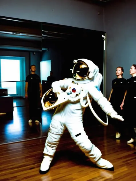 During a dance class:1.1, the astronaut:1.2 moves gracefully:1.2, their body a vessel of celestial rhythm. , <lora:Astro_Life:0.8>