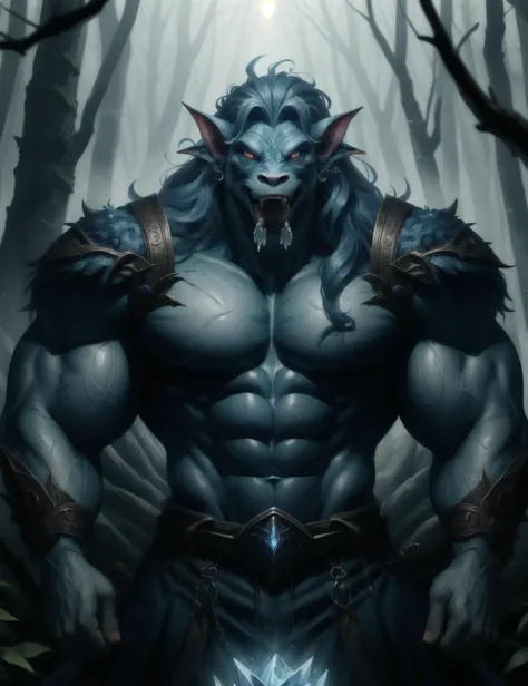 hyper detailed masterpiece, dynamic, awesome quality, blue azure ice,male  troll, mythical humanoid being,large, strong, 8 to 10 feet tall, deep forests, thick warty grey skin, large nose, pointy ears, jutting jaw, prominent teeth, deep-set glowing eyes, l...