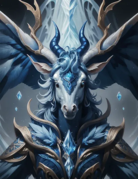 hyper detailed masterpiece, dynamic, awesome quality, blue azure ice,wolpertinger, mythical majestic horse creature, single horn, light colored long slender spiraled horn, elegant noble posture, gentle wise expression,  purity, grace, magical, enchanting, ...