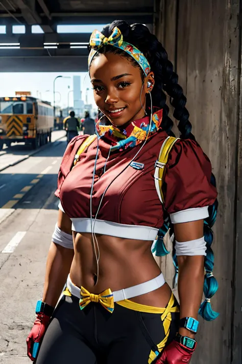 kimberlyms, dark skin, short hair, braided hair, bow hairband, earphones, gloves, crop top, midriff, hip vent, pants, looking at viewer, serious, smiling, 
standing, outside, under highway overpass, extreme detail, hdr, beautiful quality,  <lora:Kimberly:....