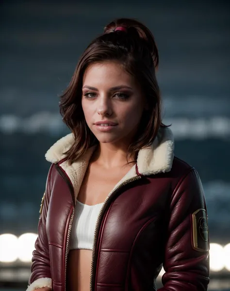 cinematic film still close shot photo of  <lora:quiron_AdrianaChechik_v1_Lora:0.77> AdrianaChechikQuiron woman wearing an expensive  Faux shearling aviator jacket in a bold and rich burgundy hue and yellow    visor with a matching tracksuit,  hd, hdr, 2k, ...