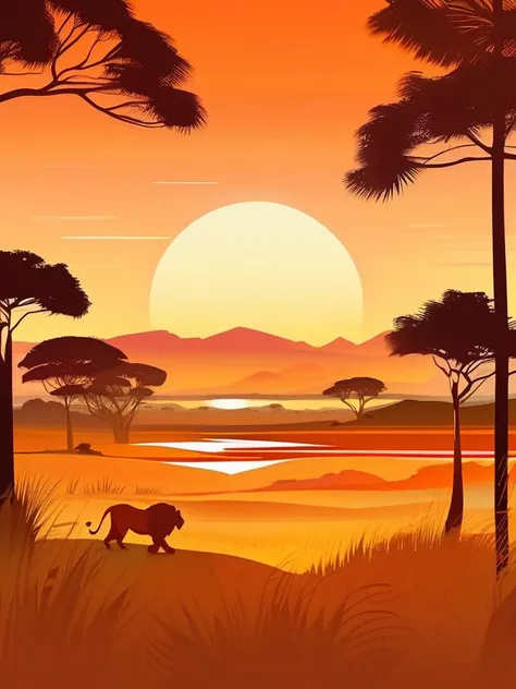 detailed landscape, orange theme, savannah, flat landscape, accacias, lion silhouette, backlit, sunset, grass, shaded, two mountains far away, sun between mountains, small water source , vector style, flat, masterpiece, best quality, very aesthetic, absurd...