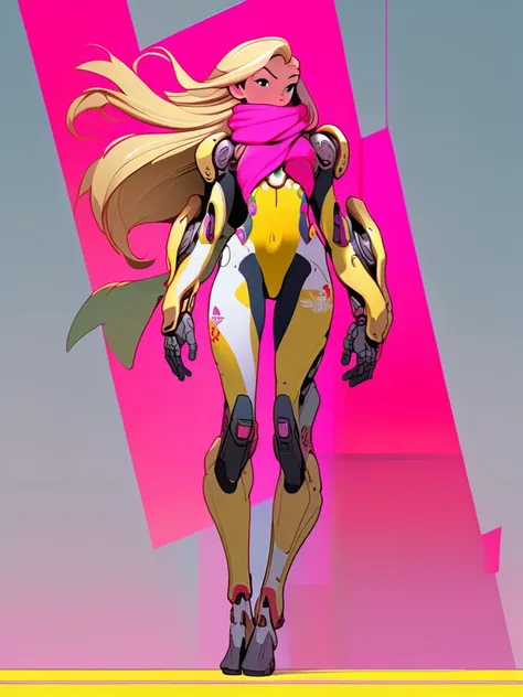 masterpiece, best quality, 1girl, bodysuit, full body , long hair, blonde hair, mechanical arms, medium breasts, pink scarf, science fiction, solo, standing, simple background