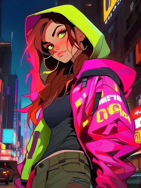 1girl, solo, large breasts, long hair, freckles, face focus, attractive, cowboy shot, symmetrical face, soft structured facial features, covered in bruises scratches and scars, tech wear, black cargo pants, night, city, neon lights, colorful eyes, oversize...