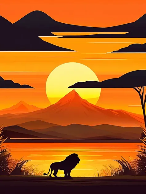 detailed landscape, orange theme, savannah, flat landscape, accacias, lion silhouette, backlit, sunset, grass, shaded, two mountains far away, sun between mountains, small water source , vector style, flat, masterpiece, best quality, very aesthetic, absurd...