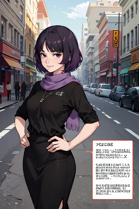 anime character in a black dress standing on a city street