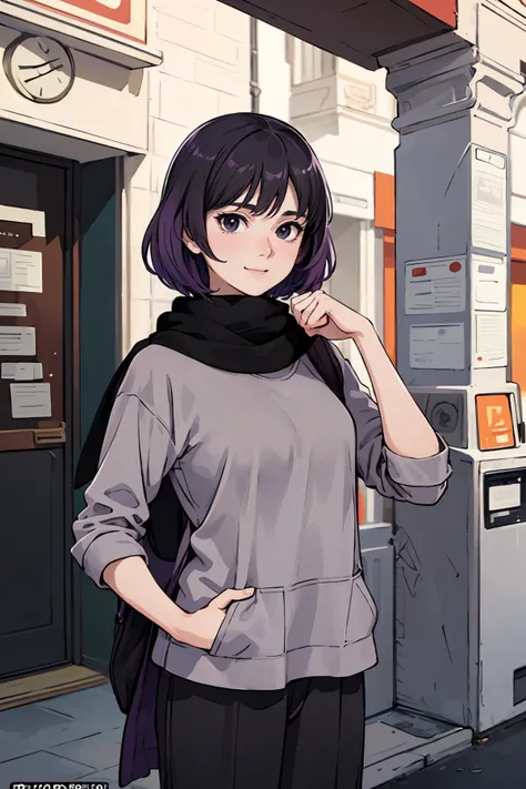 anime girl with purple hair and black scarf standing in front of a building