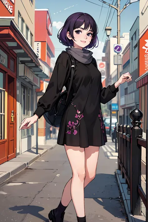 anime girl in black dress walking down a street with a purse