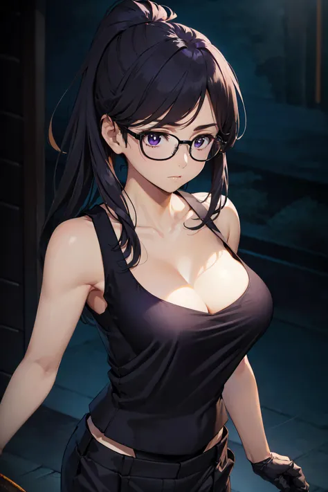 masterpiece, best quality, natural color, 1girl, <lora:summertimeRendering_minakatahizuru:0.5>, minakata hizuru, black hair, black-framed eyewear, purple eyes, large breasts, high ponytail, toned,
black tank top, cleavage, (black slacks:1.5), black gloves,...