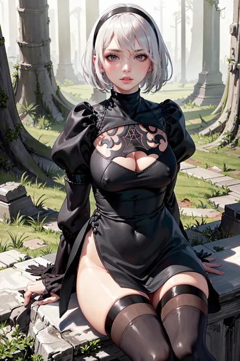 model style,(masterpiece:1.3),best quality,ultra high res, (sharp focus), (photorealistic:1.5),extremely detailed cg unity 8k wallpaper,yorha no. 2 type b, solo, gray eyes, (full body:0.9),(white hair:1.2), puffy sleeves, short hair, closed mouth, mole und...