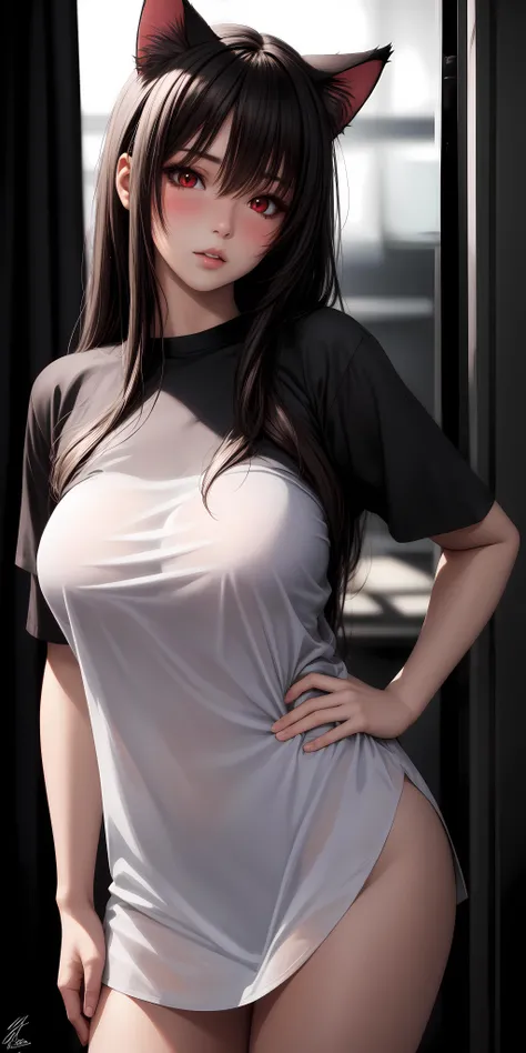 realistic, 1girl, black hair, red eyes, slit eyes, glowing eyes, oversized shirt, parted lips, blush, cat ears,