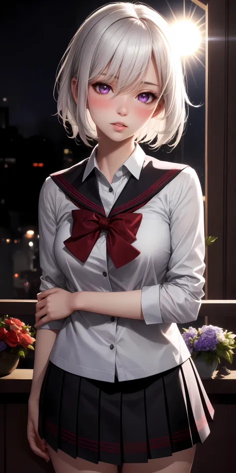 realistic, 1girl, white hair, purple eyes, glowing eyes, school uniform, parted lips, blush, night, flowers, sun, sunlight,