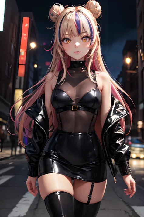 masterpiece, best quality, 1girl, multicolored hair, pink and blonde streaked hair, long hair, double bun, yellow eyes, bright pupils, small breasts, black clothes, (see-through bodysuit:1.2), high waist skirt, black jacket, walking, dystopia, night, citys...